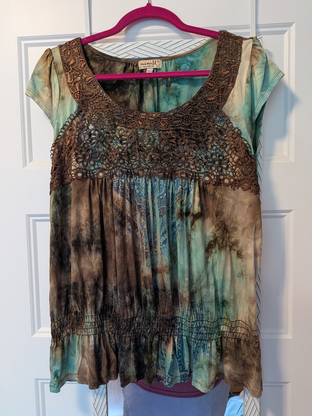 ONE WORLD Teal and Brown Crochet Yoke Tie-Dye Tunic